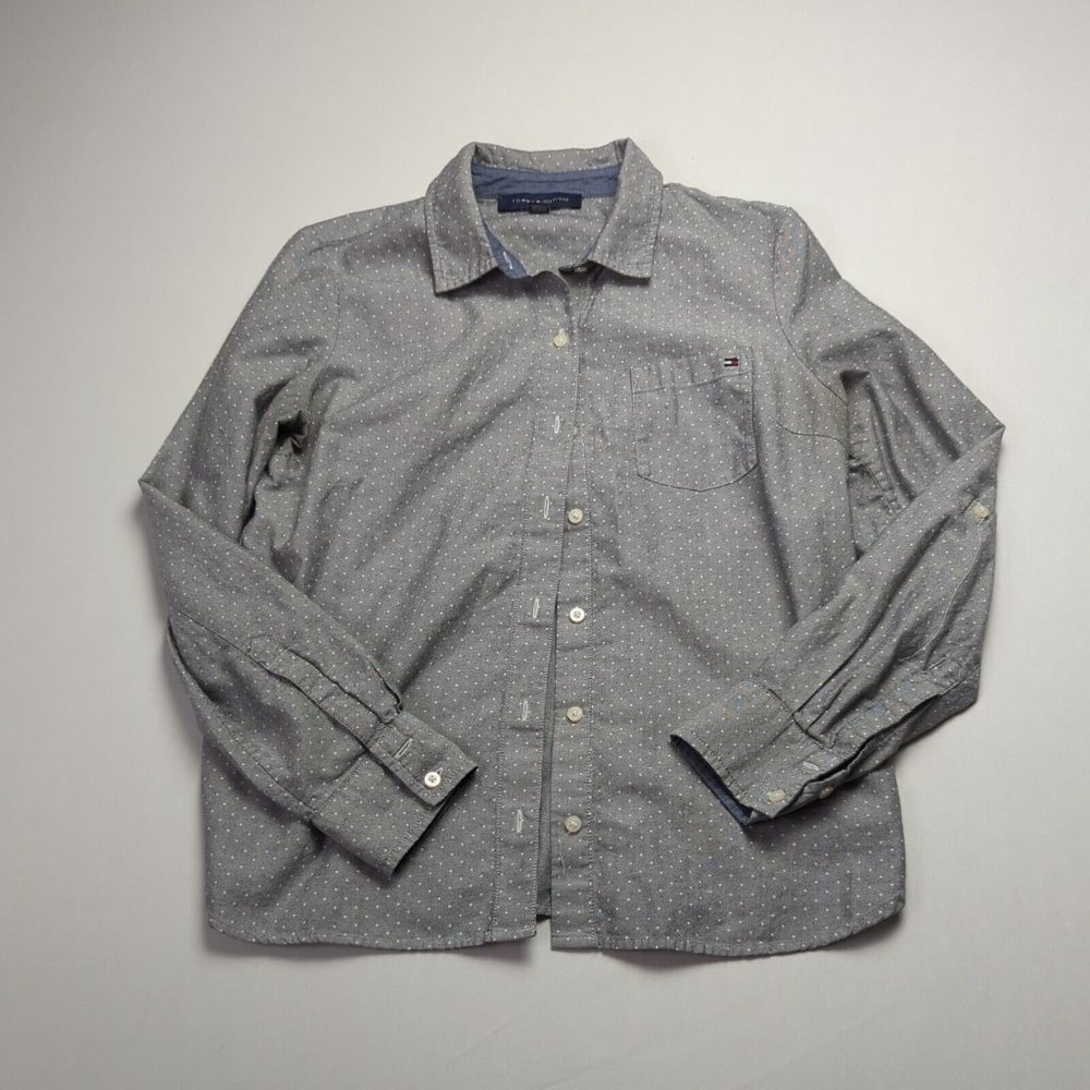 Tommy Hilfiger Womens Small S Size Gray Polka Dot Button Up Shirt Casual Flag